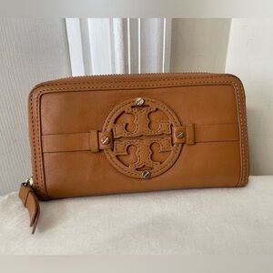 Tory Burch Cognac Leather Zip-Around Wallet with Logo Medallion
